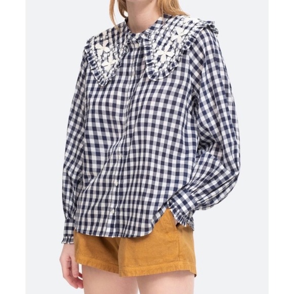 Sea New York Tops - Sea New York Navy Gina Gingham Embroidered Ruffle Collar Blouse Size 6